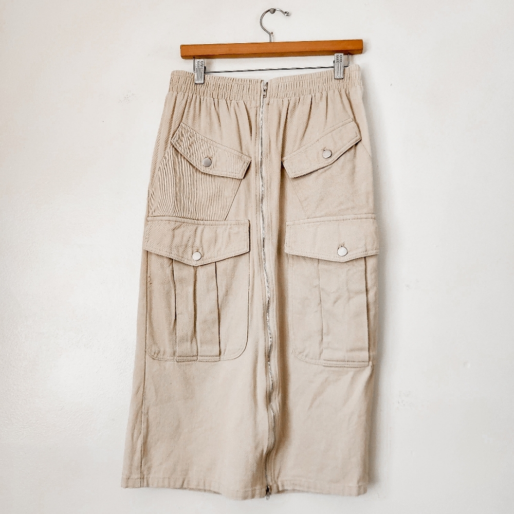 Khaki Zipper Midi Utility Skirt